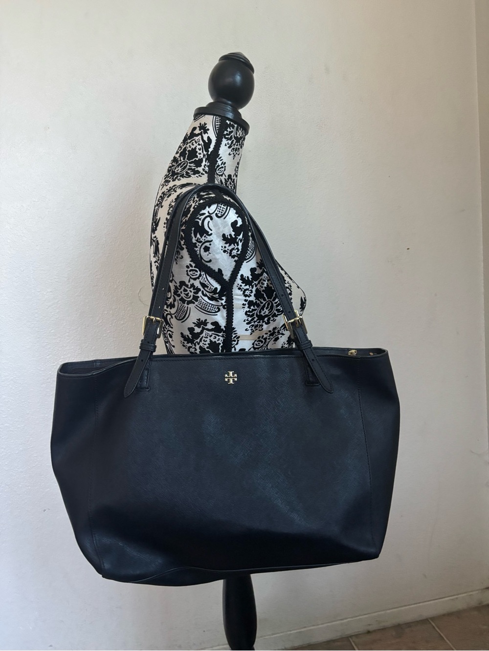 Tory Burch Black Leather Tote with Gold Logo